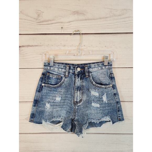 Nasty Gal Women's Blue Mid Rise Cotton‎ Distressed Raw Hem Cut Off Shorts Size 2 - Picture 1 of 7
